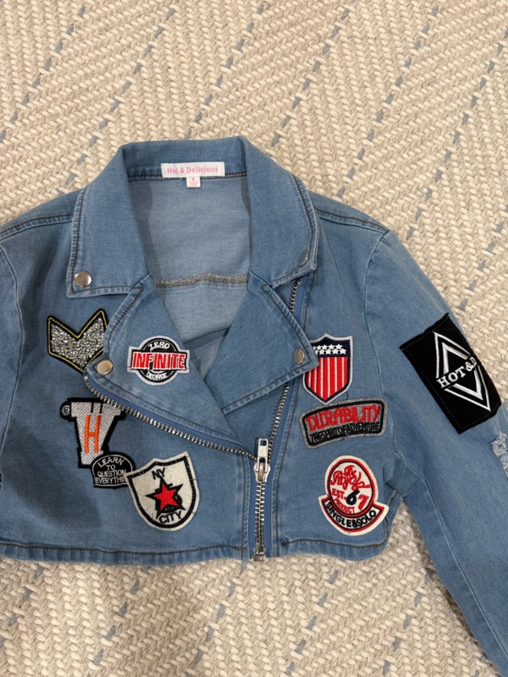 Hot & Delicious Girls' Denim Moto Jacket with Patchwork